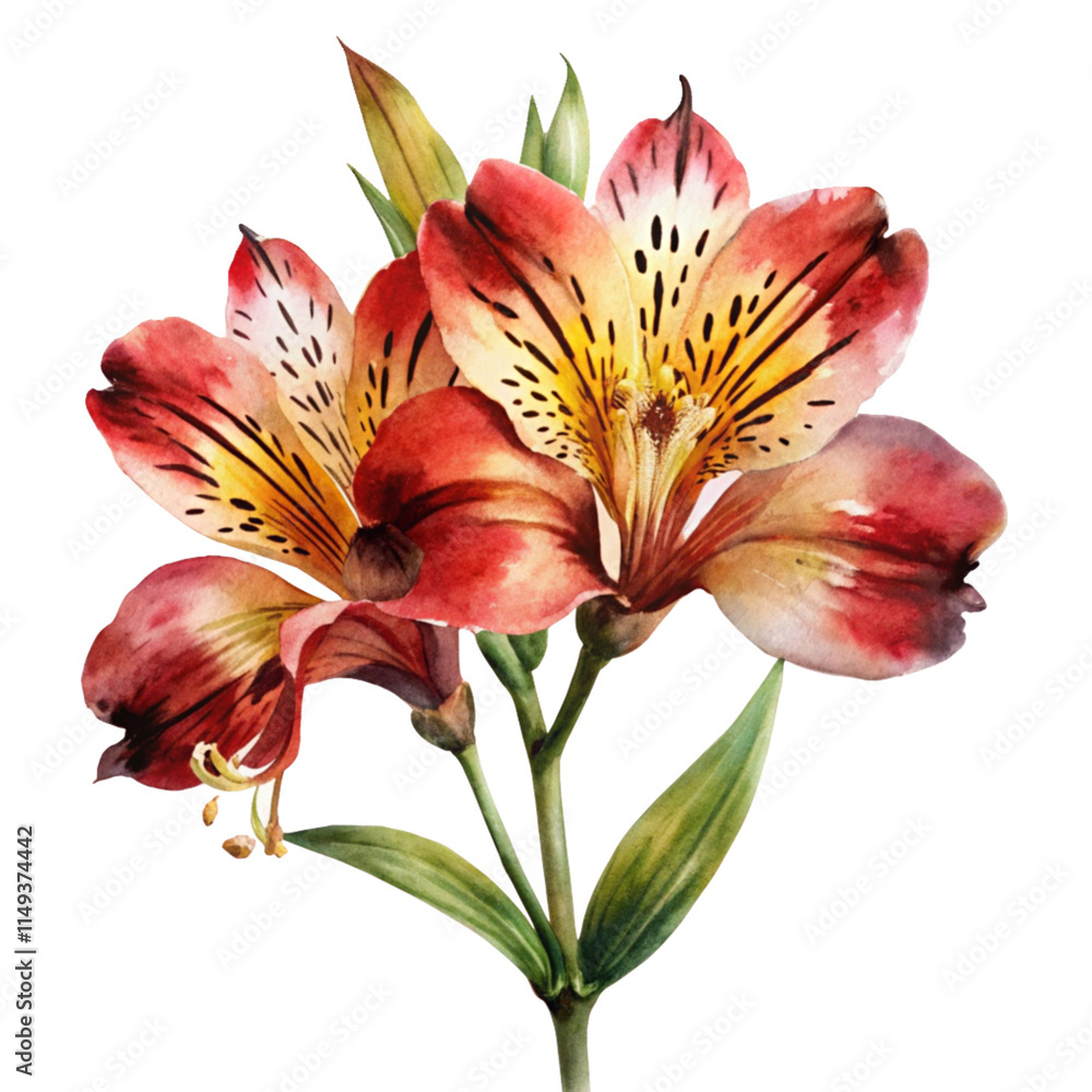 Fototapeta premium botanica watercolor illustration red alstroemeri isolated on transparent background