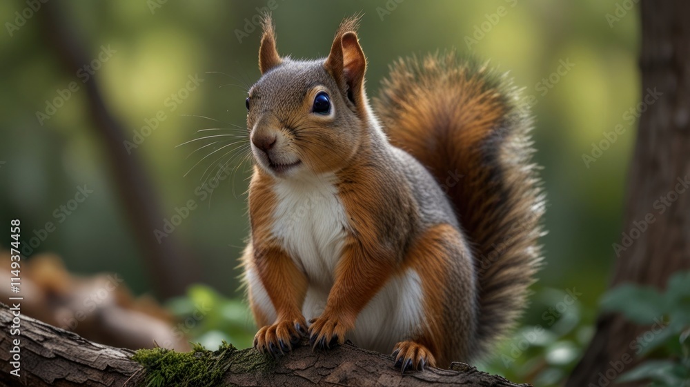 Adorable red squirrel perched on a mossy log in a forest. Adorable red squirrel perched on a mossy log in a forest.