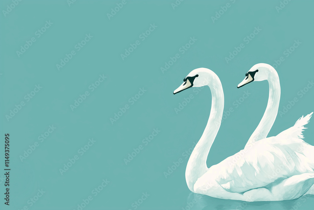 Fototapeta premium Two swans in a harmonious pose, their white feathers glowing against on background 