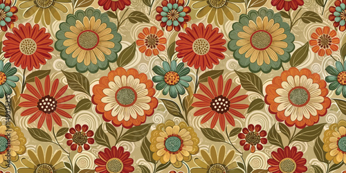 Vibrant floral pattern featuring large red, orange, and blue flowers against a soft beige backdrop.