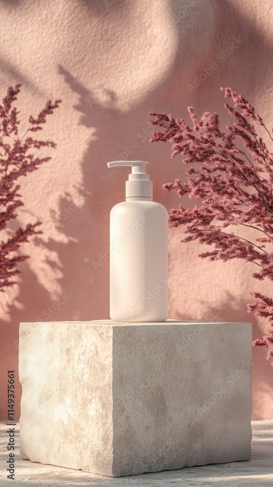 White pump cosmetic bottle on stone podium with pink stone background and dried plant. Concept for beauty commercial White pump cosmetic bottle on stone podium with pink stone background and dried plant. Concept for beauty commercial