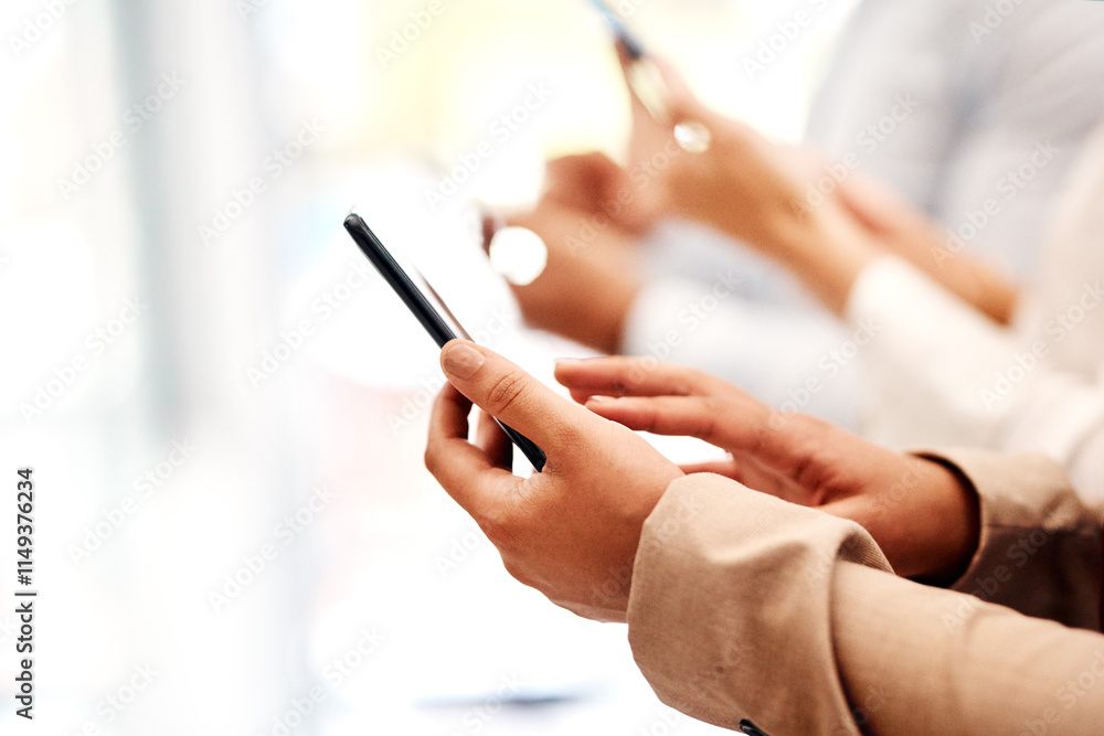 Office, business people and hands in row for smartphone, connectivity and online for communication. Accounting team, employees and cellphone by closeup for app, download software and network on break Office, business people and hands in row for smartphone, connectivity and online for communication. Accounting team, employees and cellphone by closeup for app, download software and network on break