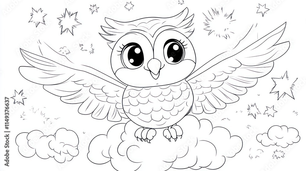 Obraz premium Happy Cartoon Owl Napping on Cloud - Coloring Book Page for Children