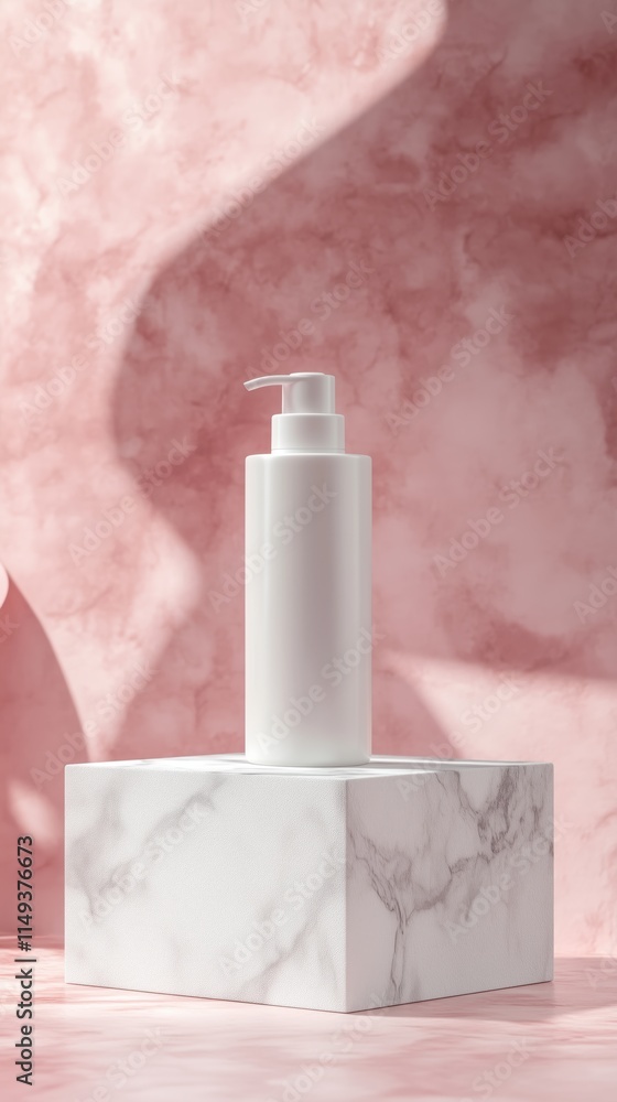 White cosmetic container pump bottle mockup on square stone podium with pink background. Concept for beauty commercial, Cosmetic advertising White cosmetic container pump bottle mockup on square stone podium with pink background. Concept for beauty commercial, Cosmetic advertising