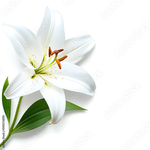 Elegant white lily flower with vibrant detail and lush green leaves.