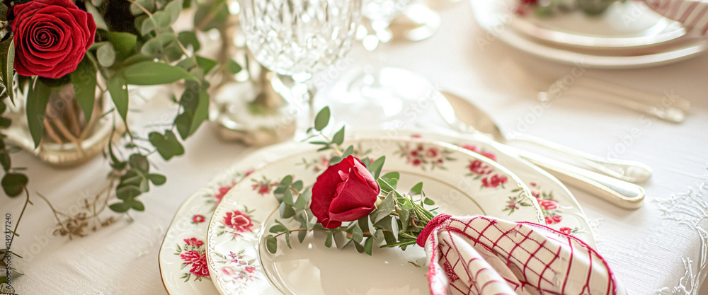 Fototapeta premium Festive table setting with candles and arrangement of beautiful red flowers. Holiday concept