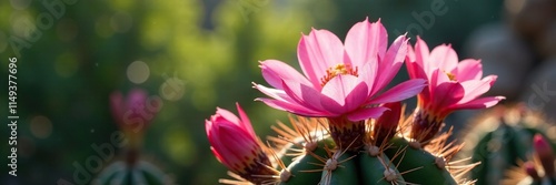 Pink flowers blooming on Echinopsis oxygona cactus, greenery, bloom photo