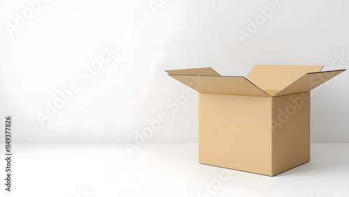 Open cardboard box on floor, white background.