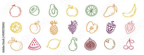 Fruit icons chalk hand drawn doodle set. Drawing crayon fruit