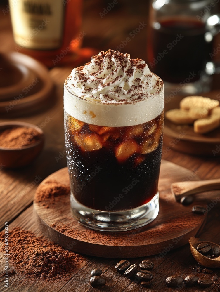 A refreshing iced coffee topped with whipped cream and cocoa, served in a glass. A refreshing iced coffee topped with whipped cream and cocoa, served in a glass.