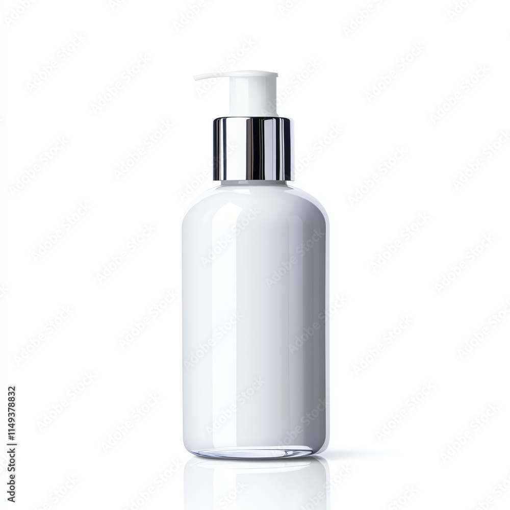 Minimalist white lotion bottle with a silver pump, ideal for product marketing. Minimalist white lotion bottle with a silver pump, ideal for product marketing.