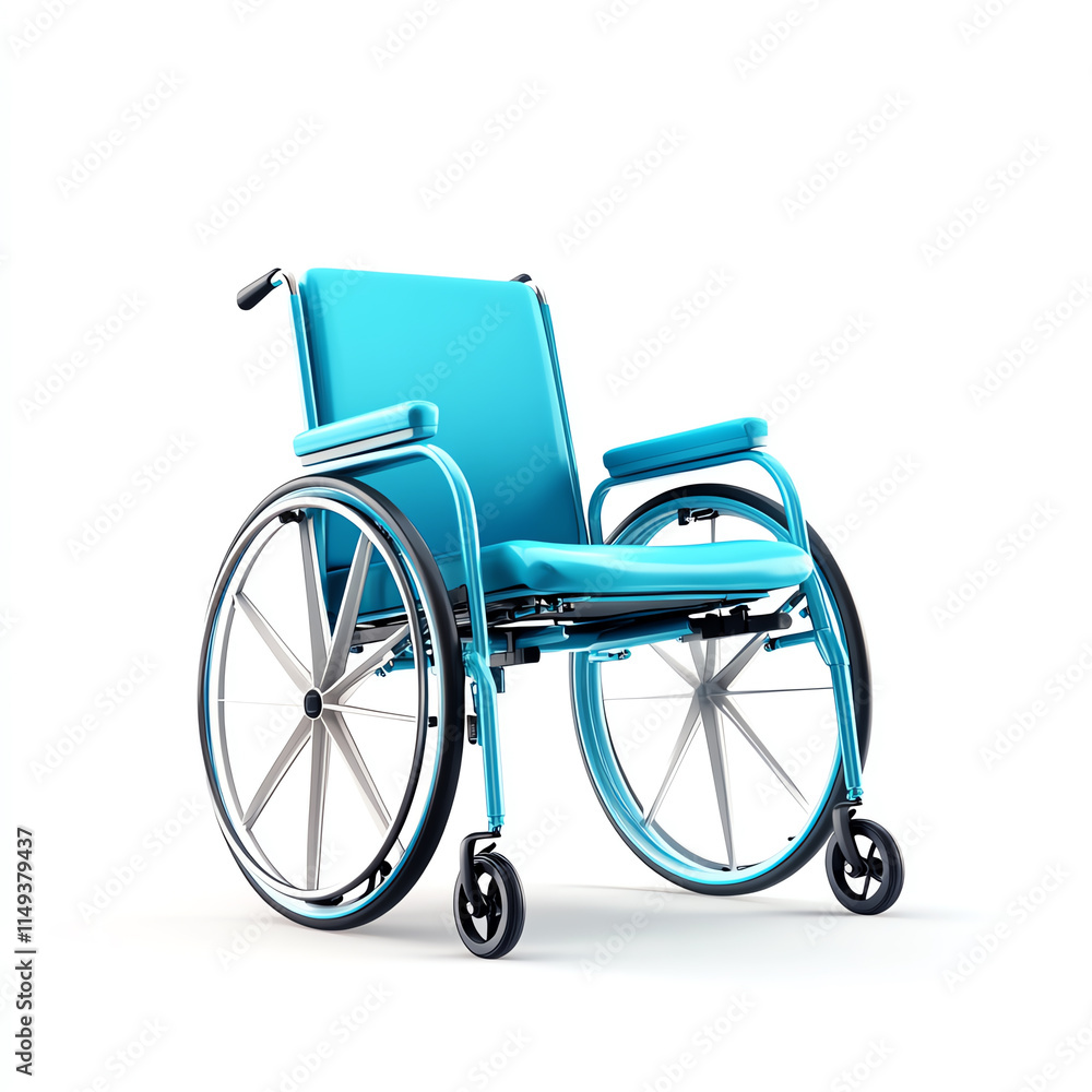 Fototapeta premium Stylish blue wheelchair on a white background, promoting accessibility and inclusivity.