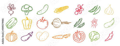 Vegetables icons chalk hand drawn doodle set. Drawing crayon vegetables 