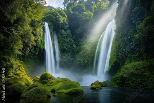 Majestic waterfall cascading down mossy rocks in rich jungle setting. Water flows down rocks covered in vibrant greenery. Tranquil scene in nature. Forest surrounds waterfall. Beautiful natural