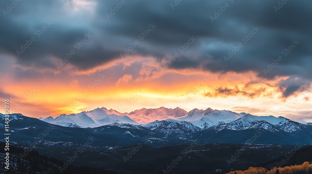 Dramatic sunset over snow-capped mountains. Dramatic sunset over snow-capped mountains.