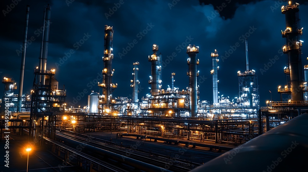 Fototapeta premium Nighttime Industrial Refinery Complex Illuminated Towers