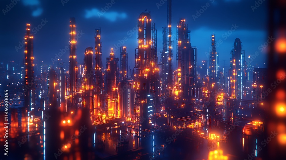 Fototapeta premium Illuminated Industrial Complex Night Scene Towers Glowing