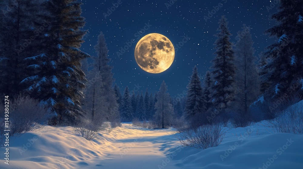Naklejka premium Full moon over snowy winter forest. Clear night sky with stars. Snowy path. Majestic nature scene. Peaceful, serene winter landscape. Trees covered in frost. Cold, quiet winter night. Beautiful