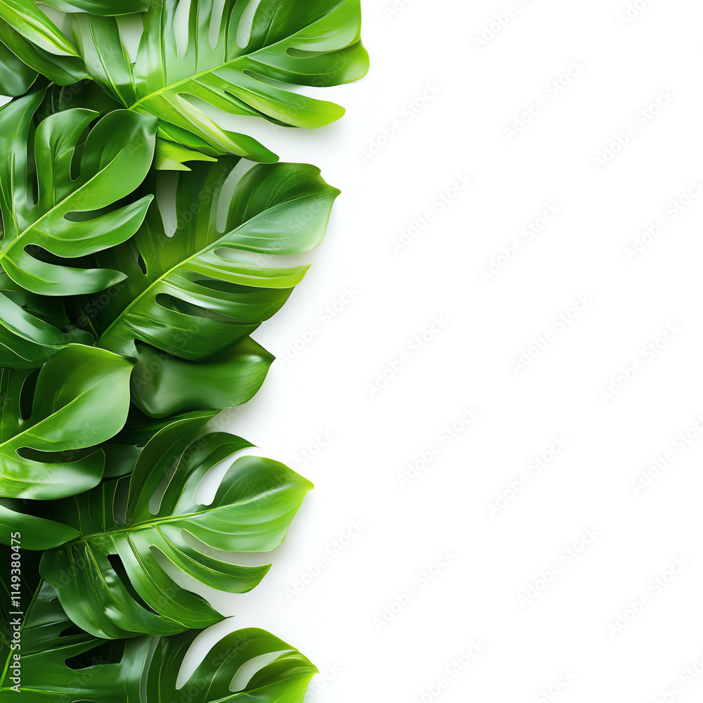 Fototapeta premium Vibrant green leaves creating a natural border against a white background.