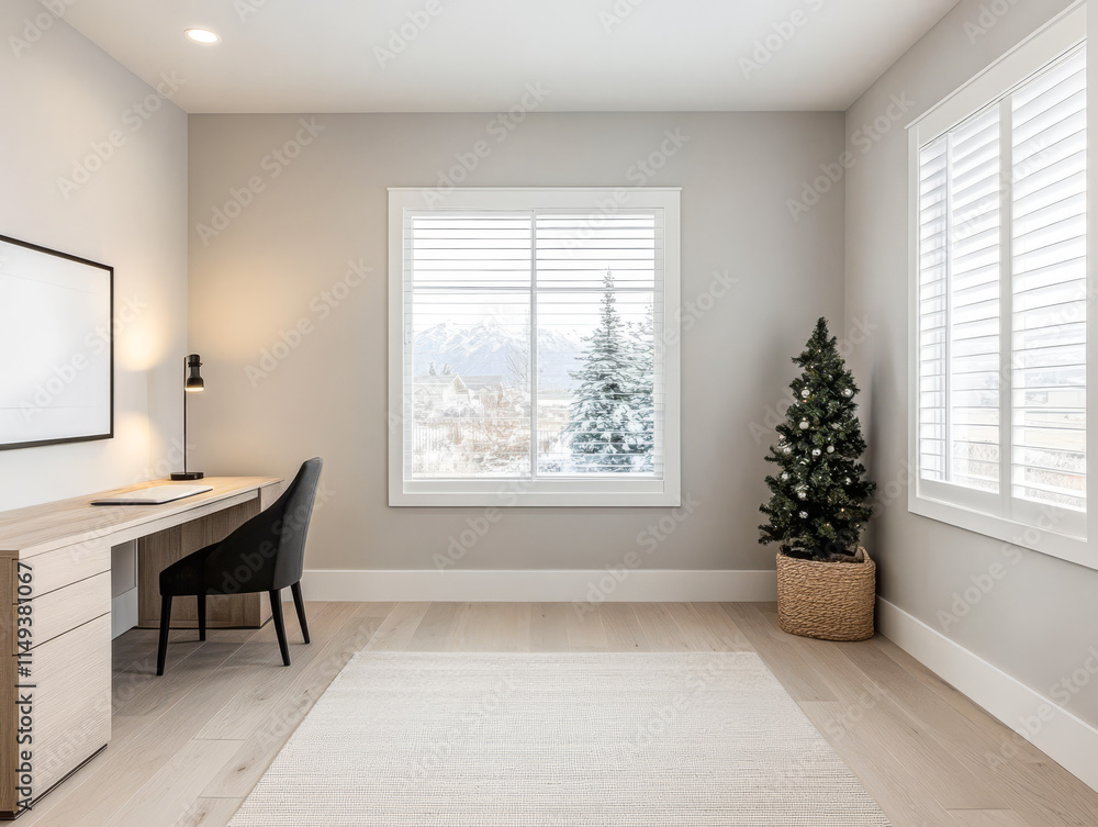 Obraz premium Modern minimalistic home office with a winter view and holiday decor in the corner
