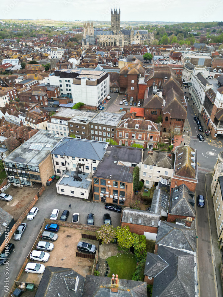 Fototapeta premium Historical Buildings at Canterbury City of Southeast England United Kingdom. April 20th, 2024, Aerial View Was Captured with Drone's Camera From High Altitude