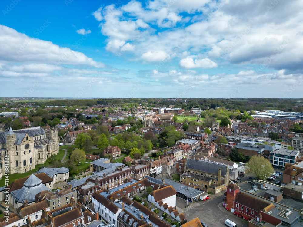 Historical Buildings at Canterbury City of Southeast England United Kingdom. April 20th, 2024, Aerial View Was Captured with Drone's Camera From High Altitude Historical Buildings at Canterbury City of Southeast England United Kingdom. April 20th, 2024, Aerial View Was Captured with Drone's Camera From High Altitude
