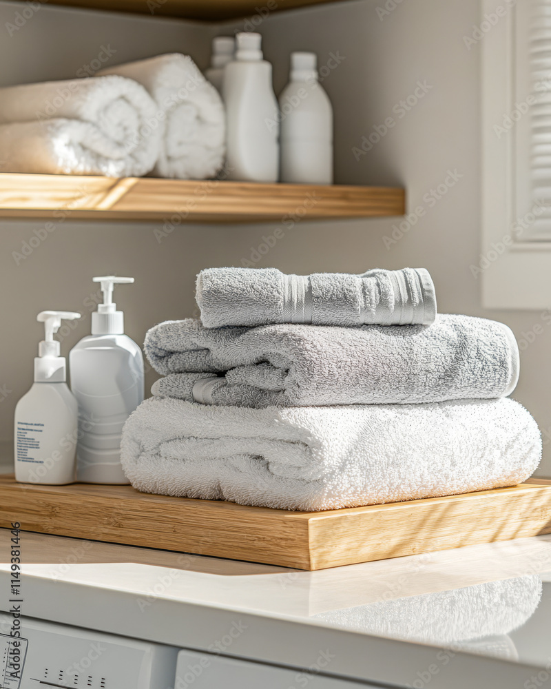 Neatly arranged towels on a wooden tray in a modern laundry room with bright lighting Neatly arranged towels on a wooden tray in a modern laundry room with bright lighting