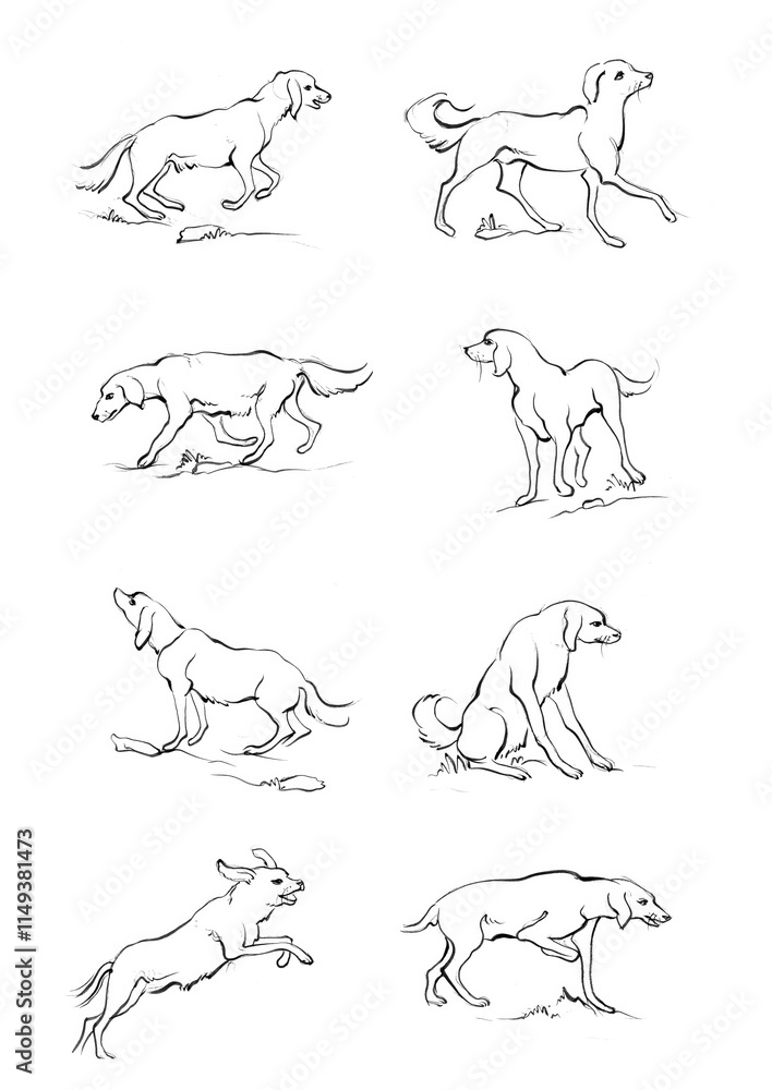 Doodle Cartoon dog illustration set in different poses. Cute sitting, running and lying vector dog isolated on white background Doodle Cartoon dog illustration set in different poses. Cute sitting, running and lying vector dog isolated on white background