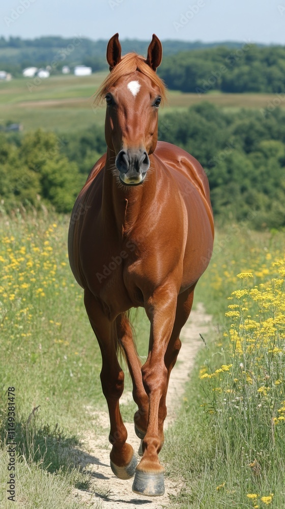 A chestnut horse walking along a path in a scenic landscape filled with wildflowers. A chestnut horse walking along a path in a scenic landscape filled with wildflowers.