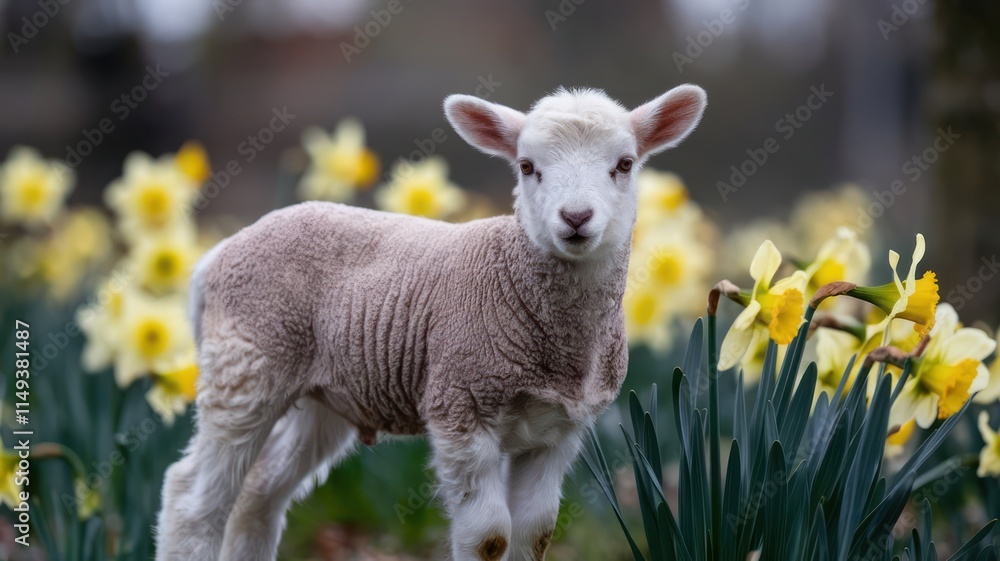 Fototapeta premium Adorable Lamb Standing Among Spring Daffodils