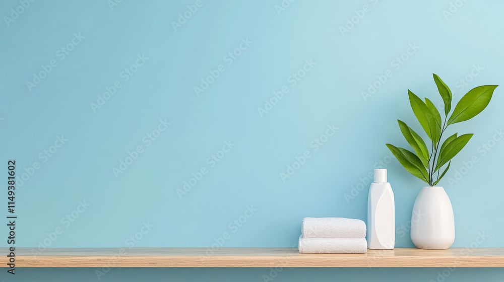 Clean and modern bathroom shelf with towels plant and skincare products Clean and modern bathroom shelf with towels plant and skincare products