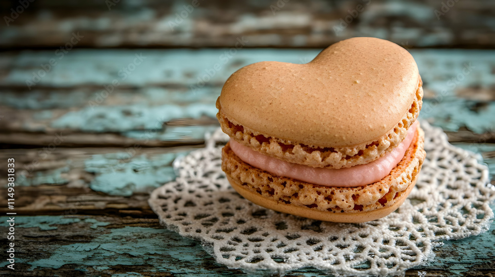 Fototapeta premium Heart-Shaped Macaron Dessert on Rustic Wood Background