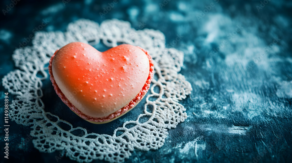 Fototapeta premium Heart-Shaped Macaron on Lace, Teal Background