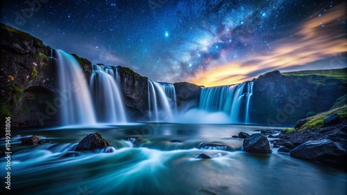 Wallpaper Mural Mystical Iceland Waterfall Night Photography: Dramatic Cascading Water, Starry Sky Torontodigital.ca