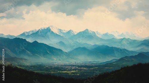 Majestic mountain range with valley town, hazy atmosphere.