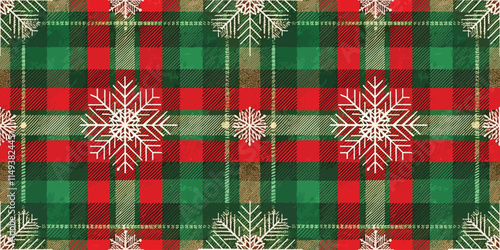 A festive red and green plaid pattern adorned with snowflakes, perfect for holiday-themed designs.