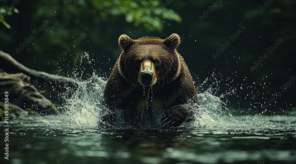 Brown Bear Majestically Enters Water, Creating a Splashing Scene in the Wilderness. Wild Animal's Powerful Presence. Brown Bear Majestically Enters Water, Creating a Splashing Scene in the Wilderness. Wild Animal's Powerful Presence.