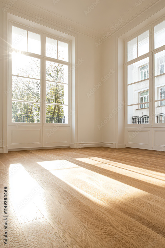 Fototapeta premium Bright and airy room with wooden floor and large windows offering natural light