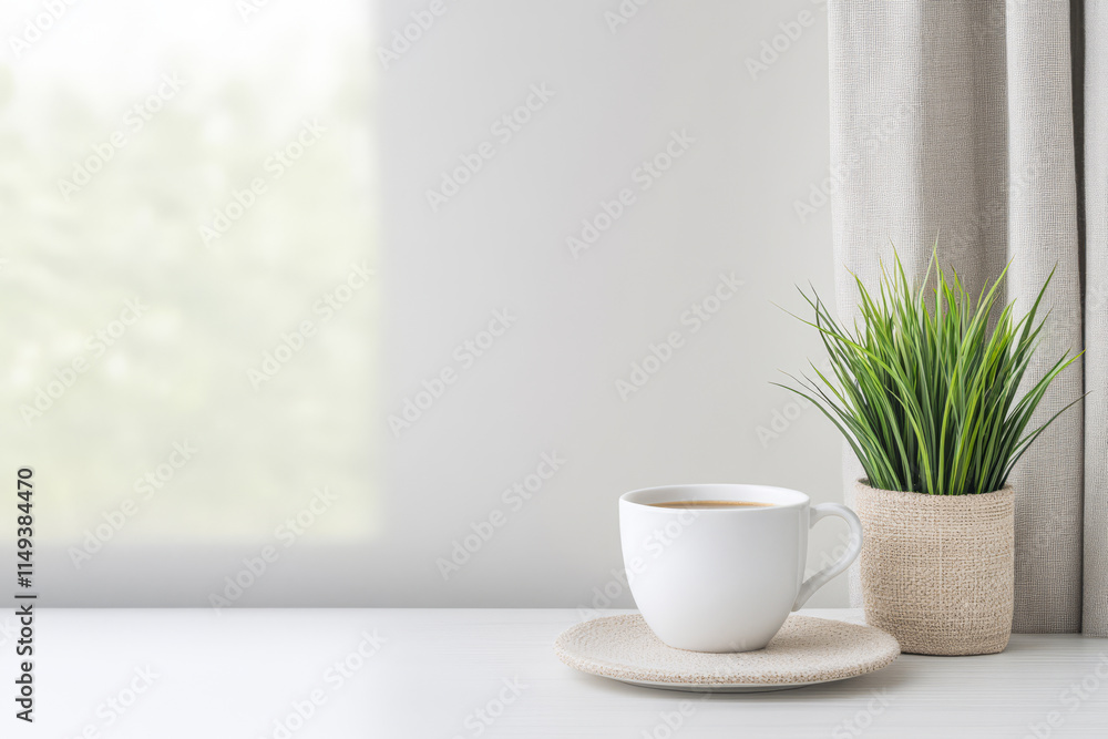 Fototapeta premium Warm coffee cup beside a small plant on a minimalist table by the window