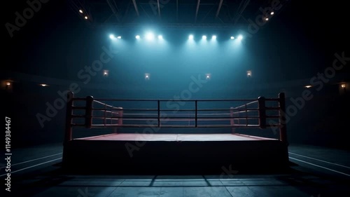 Dark boxing ring in empty arena set for intense sports competition. Concept Sports Competition, Dark Atmosphere, Boxing Ring, Empty Arena, Intense Setting