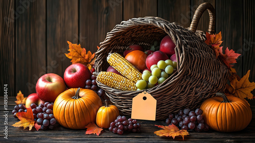 Close-up view of rustic wicker cornucopia filled with autumn harvest bounty. Apples, grapes, pumpkins displayed alongside corn on cob. Tag sits atop cornucopia. Dark wooden background adds rustic photo