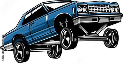 Retro American Blue Lowrider Muscle Bouncing Car Cartoon Illustration