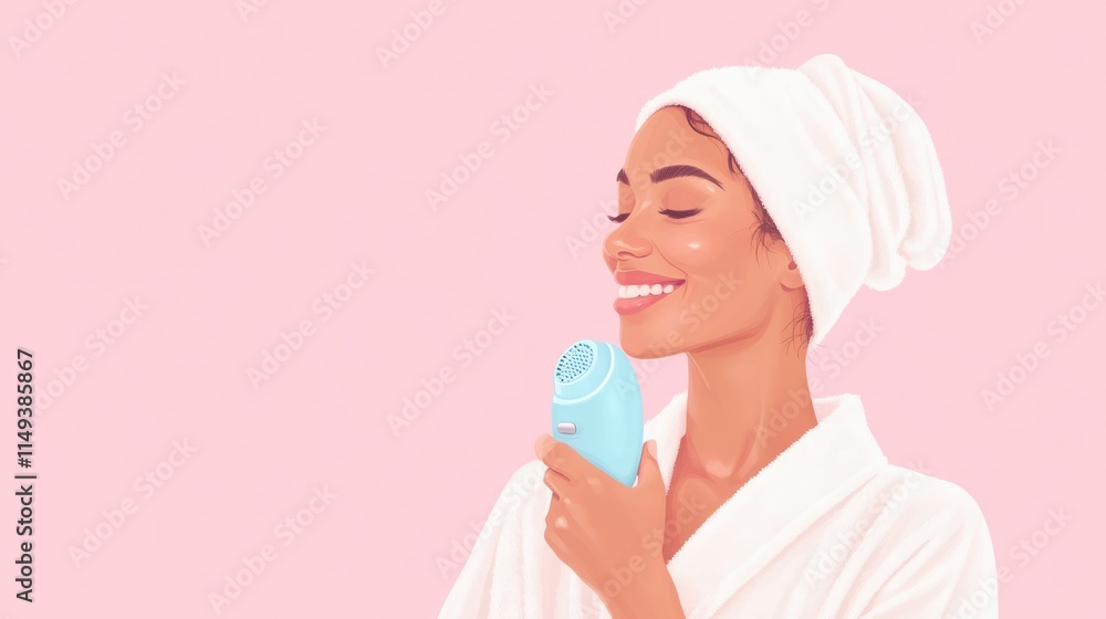 Smiling Woman in Bathrobe Uses a Facial Cleansing Brush Smiling Woman in Bathrobe Uses a Facial Cleansing Brush