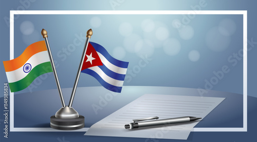 India and Cuba National flags on small table with bokeh background, cooperative relationship