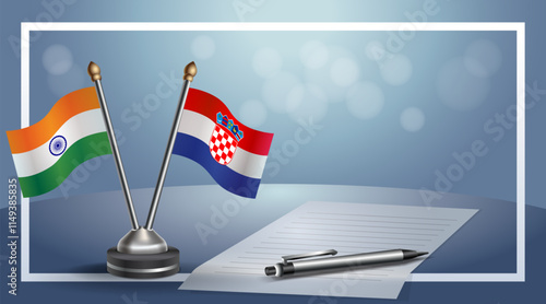 India and Croatia National flags on small table with bokeh background, cooperative relationship