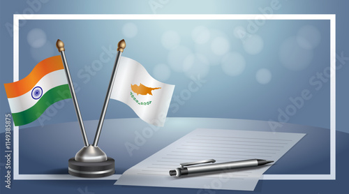 India and Cyprus National flags on small table with bokeh background, cooperative relationship