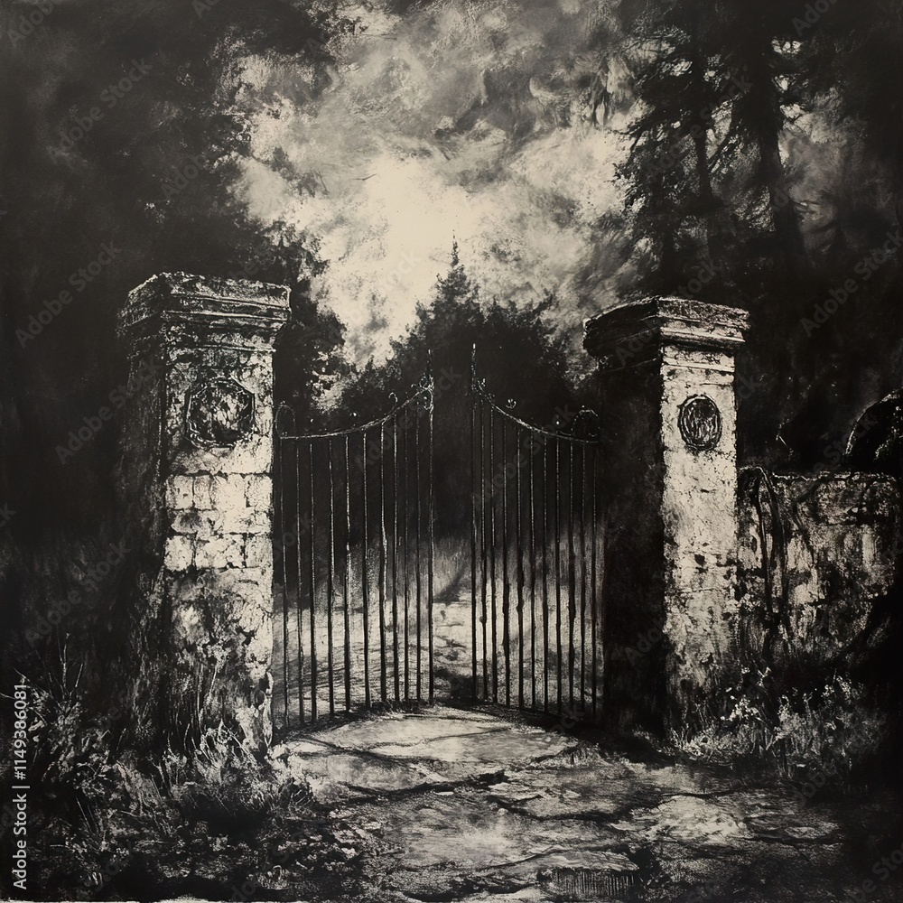 Fototapeta premium Dark Forest Gate: A Mysterious Path Beckons