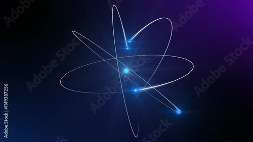 Animation of atom 3d model, rotation around nucleus on black background. Concept of science, energy, matter