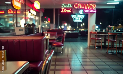Empty diner booths and tables at night, neon lights blurred in background.