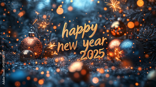Wallpaper Mural New Year 2025 greeting. Ornate ornaments lights and sparkles Torontodigital.ca
